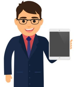 A businessman holding up a tablet pc.