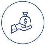 A line icon of a hand holding a money bag.