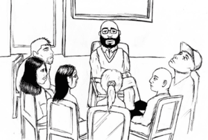 A drawing of a group of people sitting around a table.