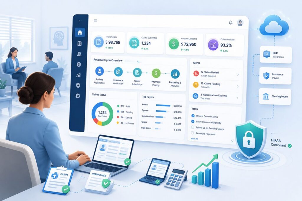 Behavioral health billing software dashboard showing claims management, revenue cycle management, payment tracking, and HIPAA-compliant billing workflow.