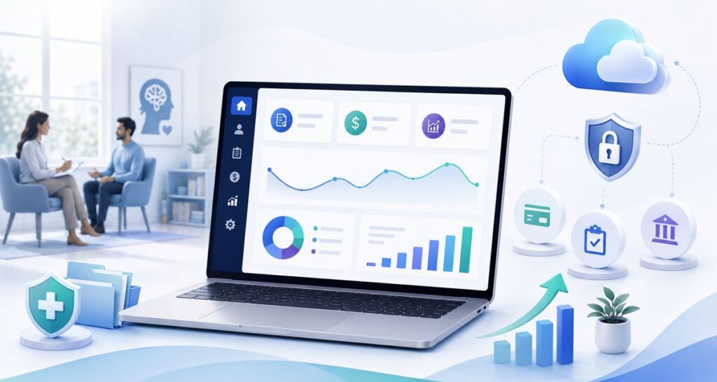 Illustration of billing solutions for behavioral health featuring a secure billing dashboard, analytics, claims processing, and cloud-based revenue cycle management.