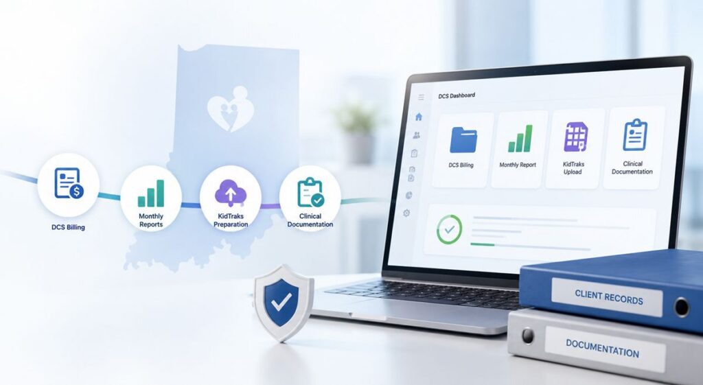 MedEZ DCS billing software dashboard for Indiana providers with KidTraks reporting and clinical documentation workflow
