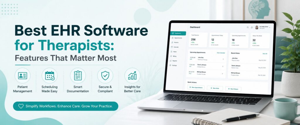Best EHR software for therapists featuring patient management, scheduling, documentation, compliance, and care insights
