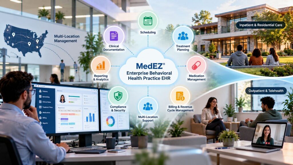 Enterprise behavioral health practice EHR supporting multi-location management, clinical workflows, billing, and patient care coordination
