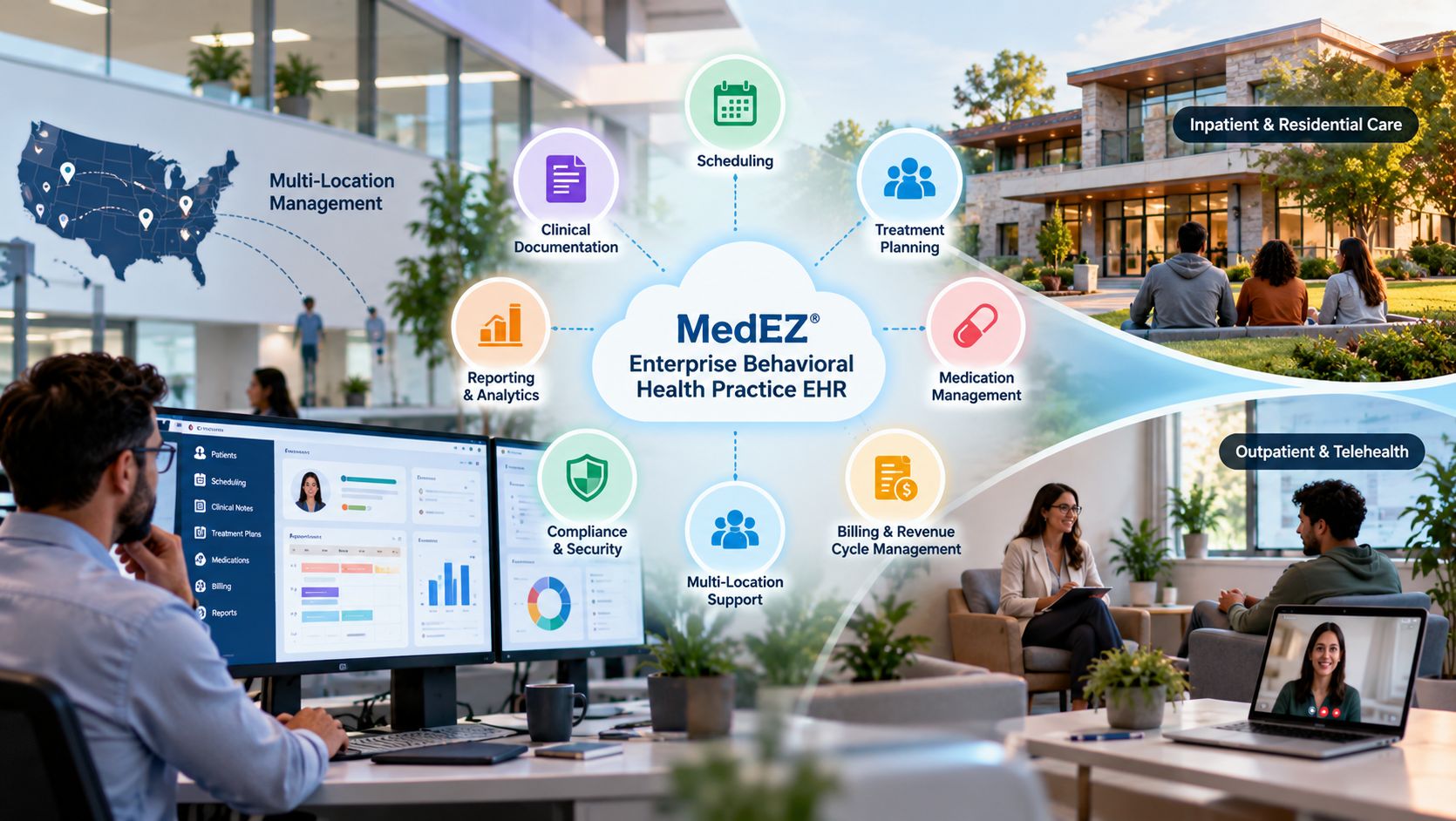 Enterprise behavioral health practice EHR supporting multi-location management, clinical workflows, billing, and patient care coordination
