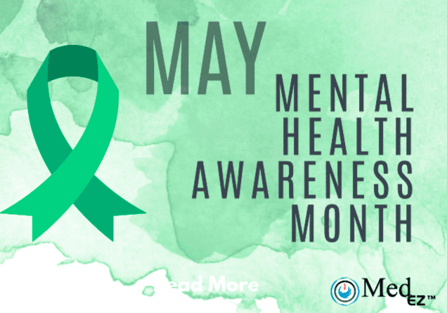 A green ribbon with the words may mental health awareness month.