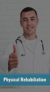 A doctor giving a thumbs up while providing physical rehabilitation using medical software solutions.